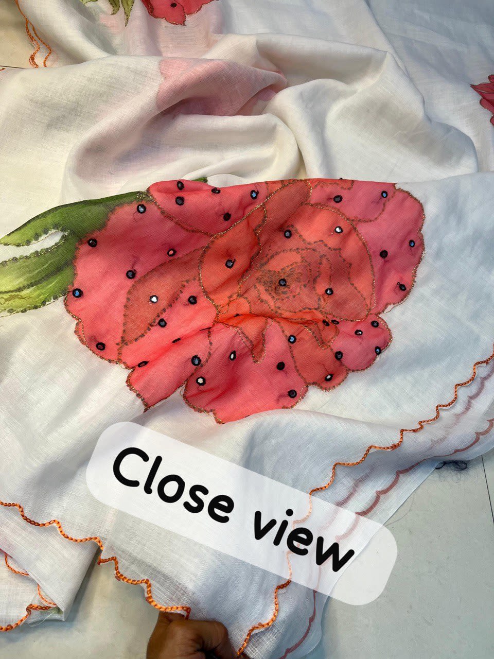 Elegant White Linen Saree with Red Floral & Mirror Work - View 4
