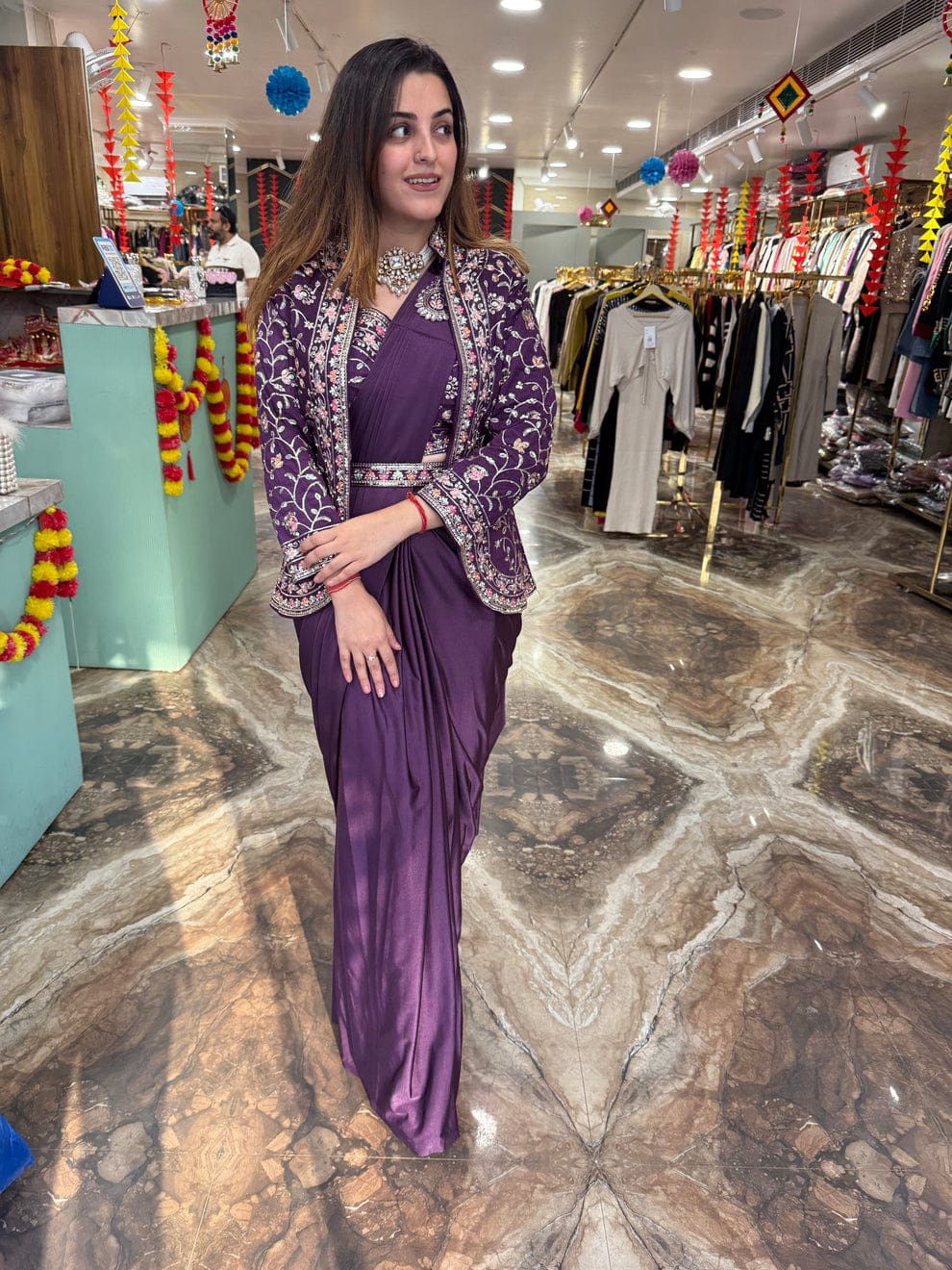 Purple Ready-to-Wear Embroidered Saree in Premium Rangoli Silk - View 4