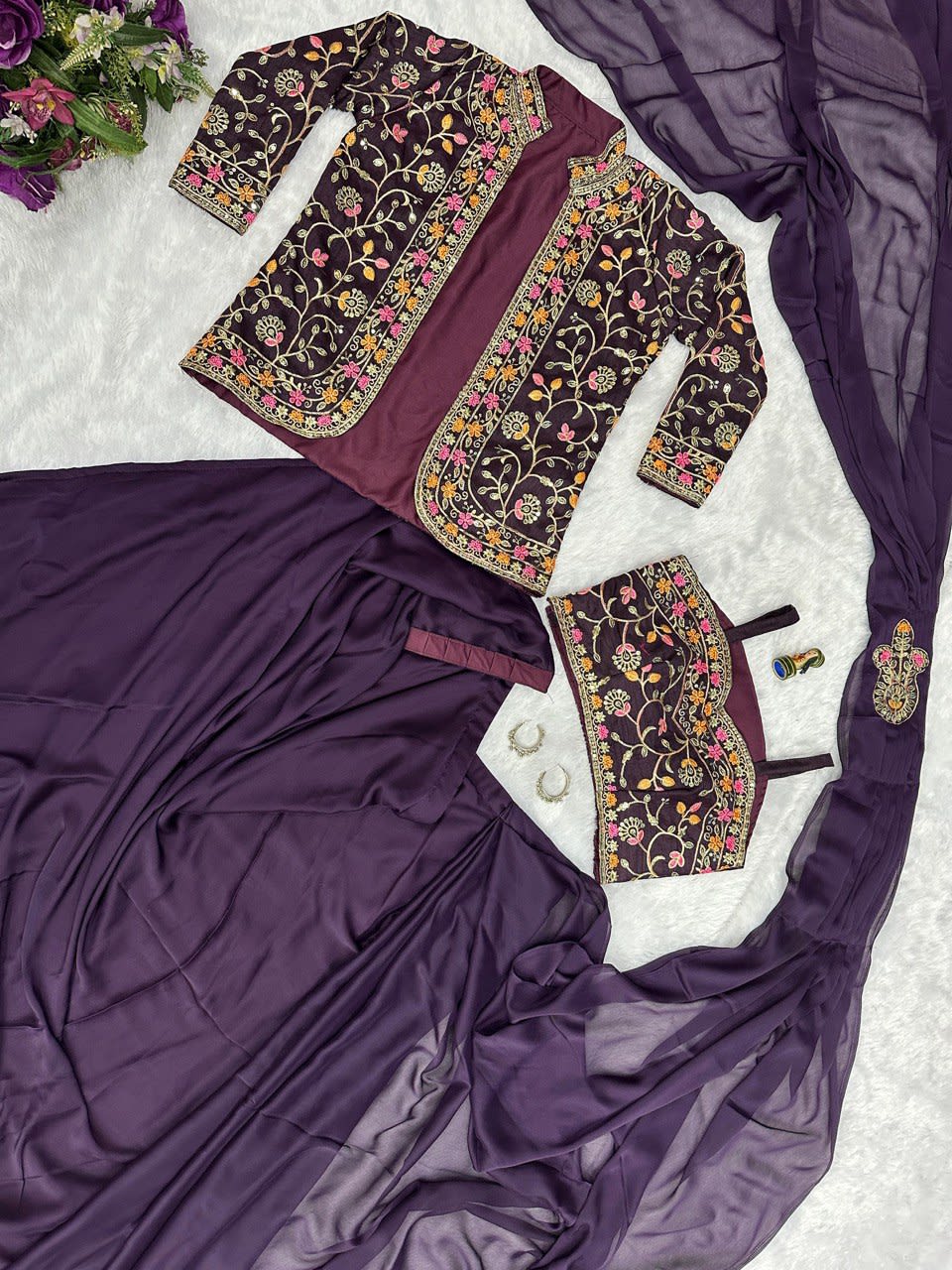 Purple Ready-to-Wear Embroidered Saree in Premium Rangoli Silk - View 6