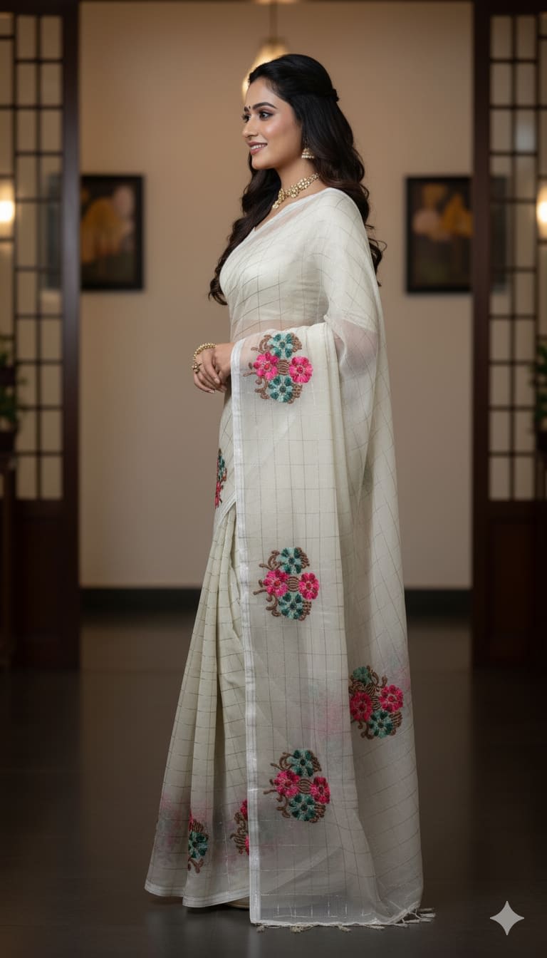 Cotton Mix Saree - Golden Zari & Floral Work - View 3