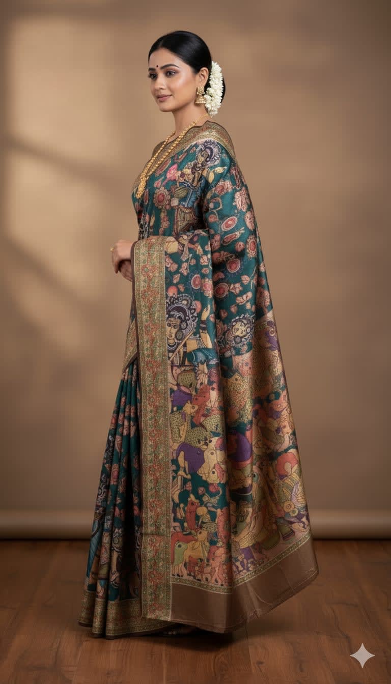 Kalamkari Silk Saree with Traditional Print - View 3