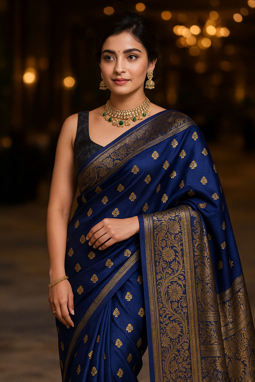 Emerald Navy Blue Kanjeevaram Silk Saree - Zari - View 2