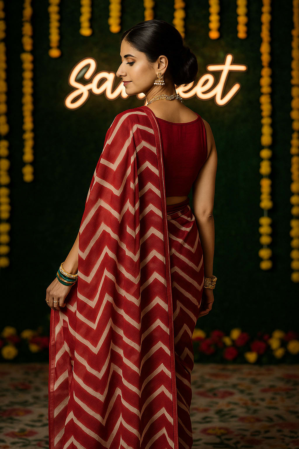 Maroon & White Zigzag Printed Chiffon Saree with Matching Blouse - Second View