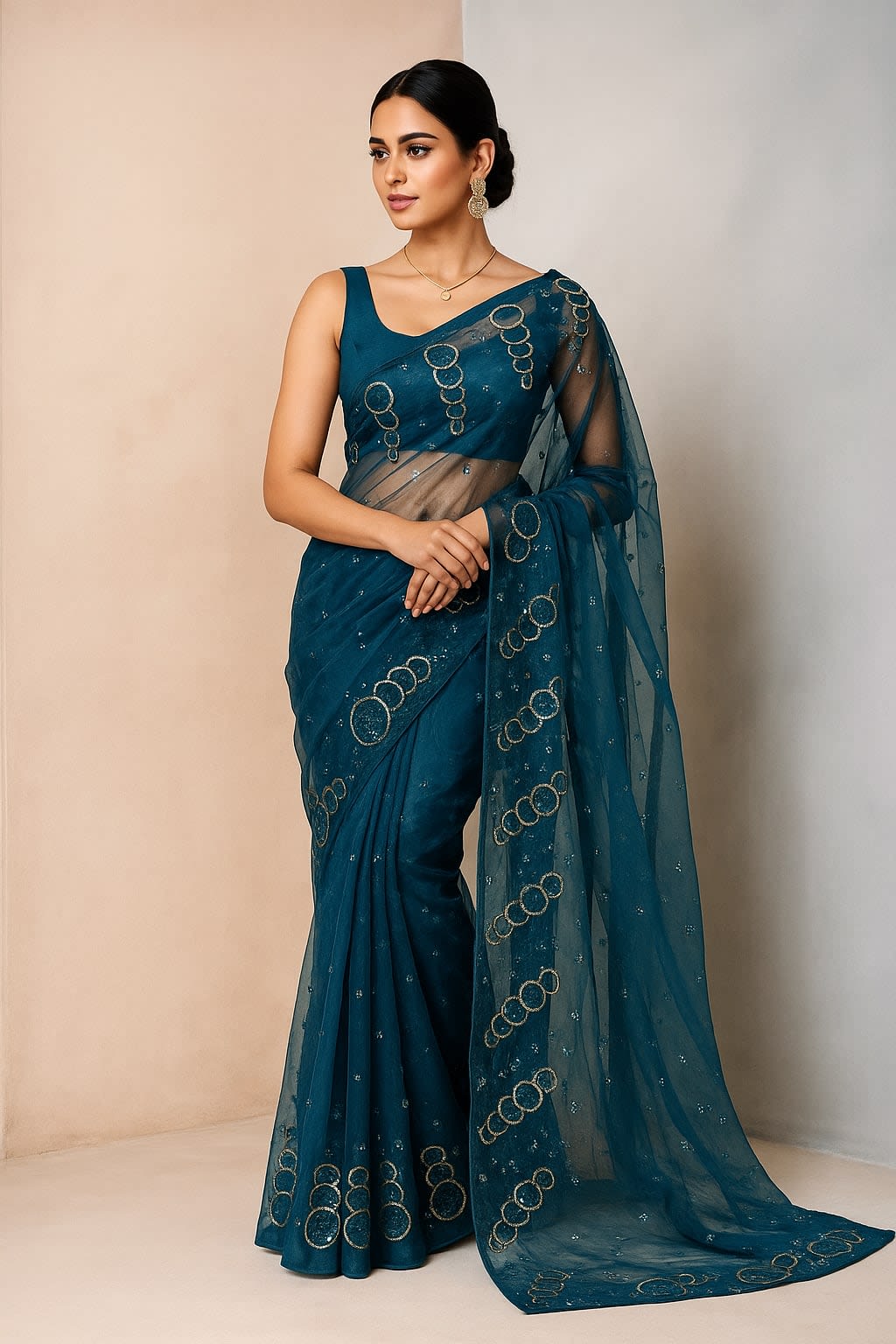 Midnight Blue Embroidered Organza Saree - Second View
