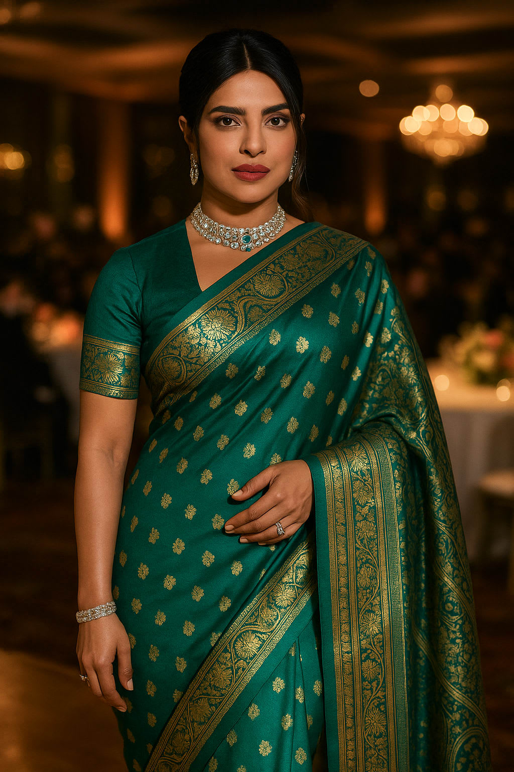 Emerald Green Kanjeevaram Silk Saree with Intricate Golden Zari Work