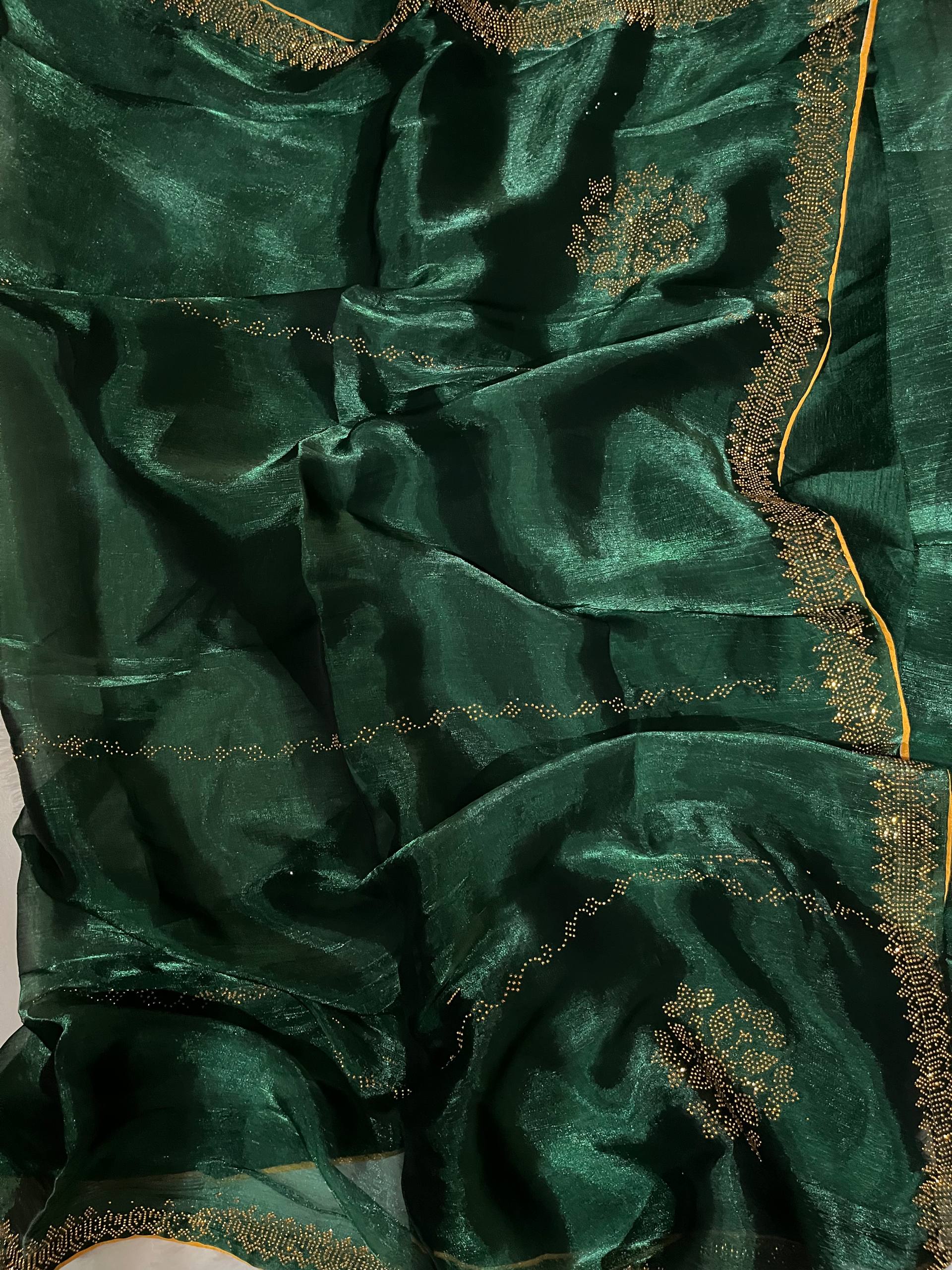 Elegant Bottle Green Fendy Saree with Gold Border - Second View