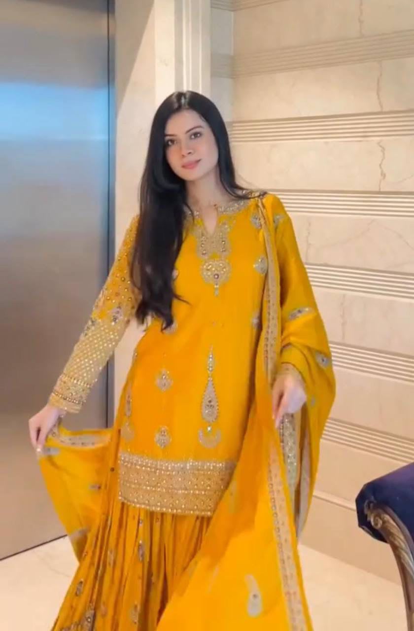Haldi & Pooja Special Sharara Suit & Dupatta Set - View 3