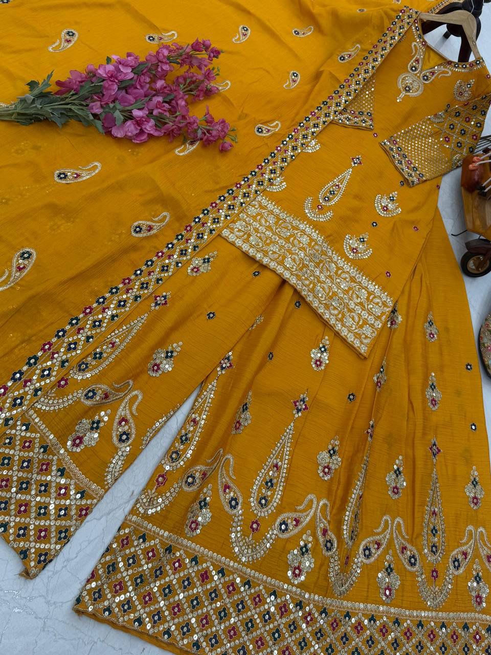 Haldi & Pooja Special Sharara Suit & Dupatta Set - View 7