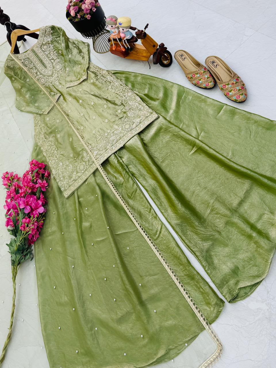 New Designer Party Top, Palazzo & Dupatta Set - View 6