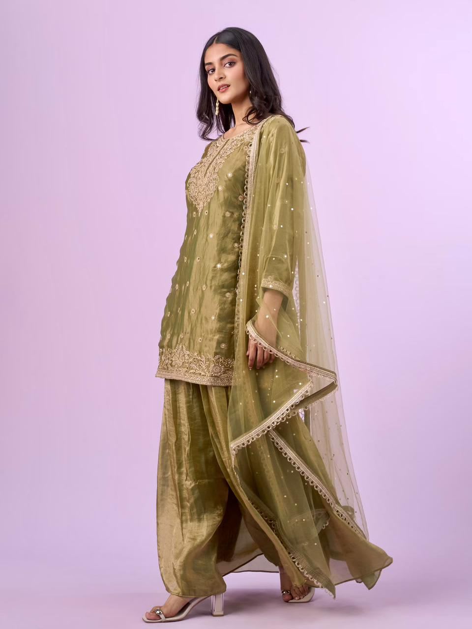 New Designer Party Top, Palazzo & Dupatta Set - View 3