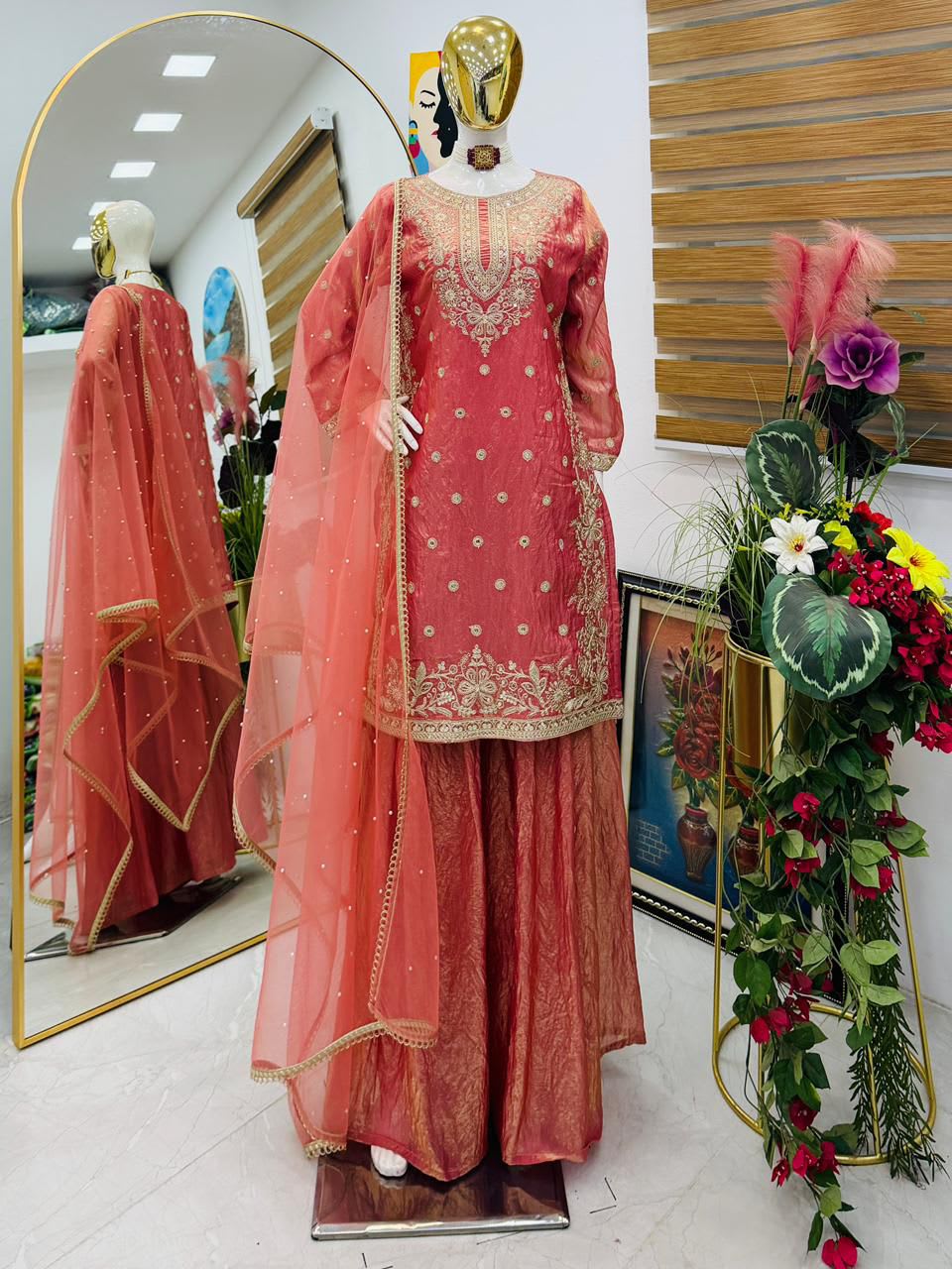 New Designer Party Top, Palazzo & Dupatta Set - View 6