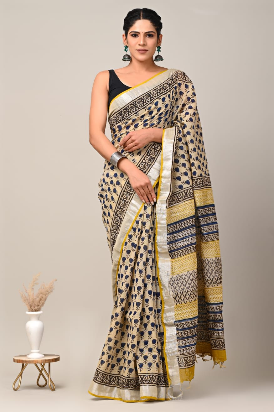 Premium Linen Saree with Digital Printed Pallu