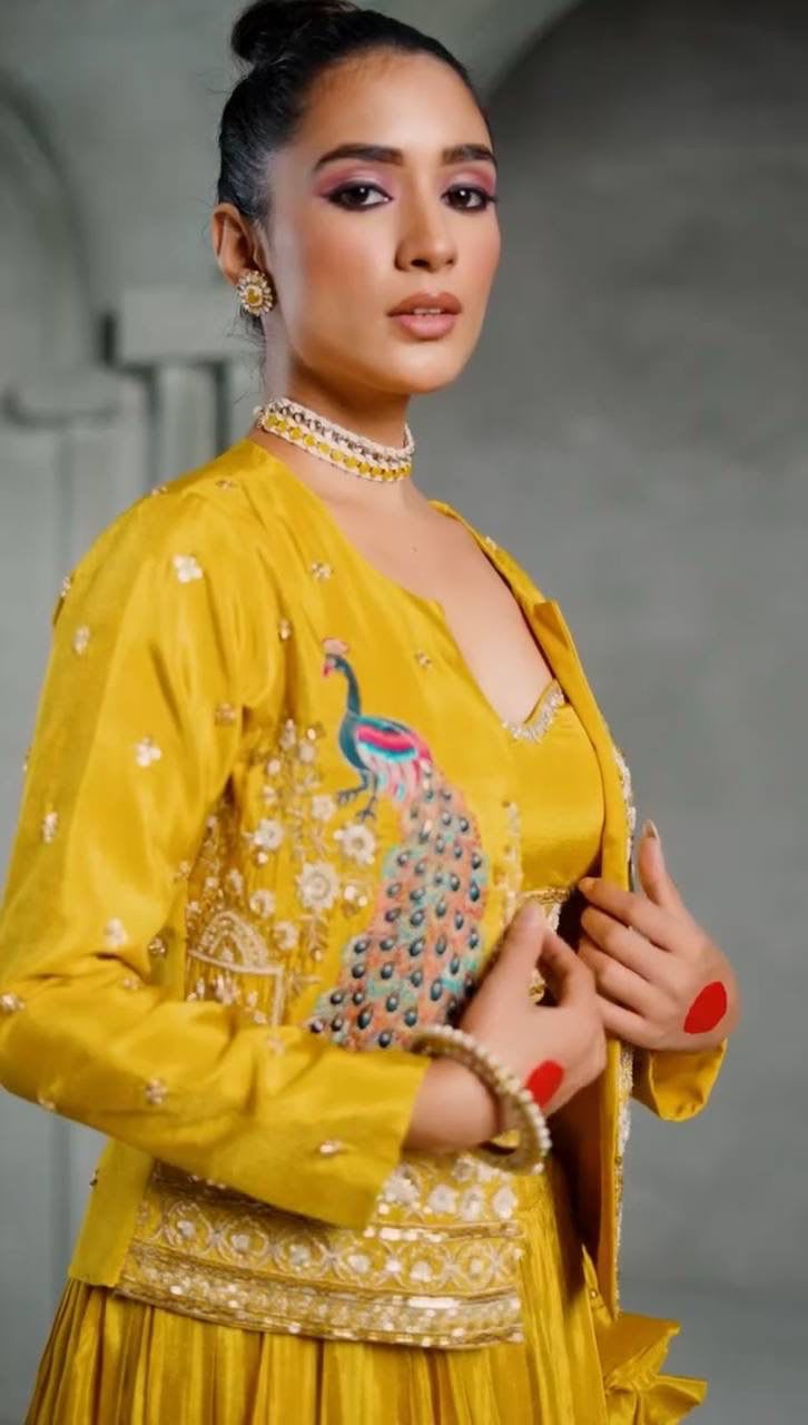 Haldi and Festival Special Crop Top with Jacket Set - View 3