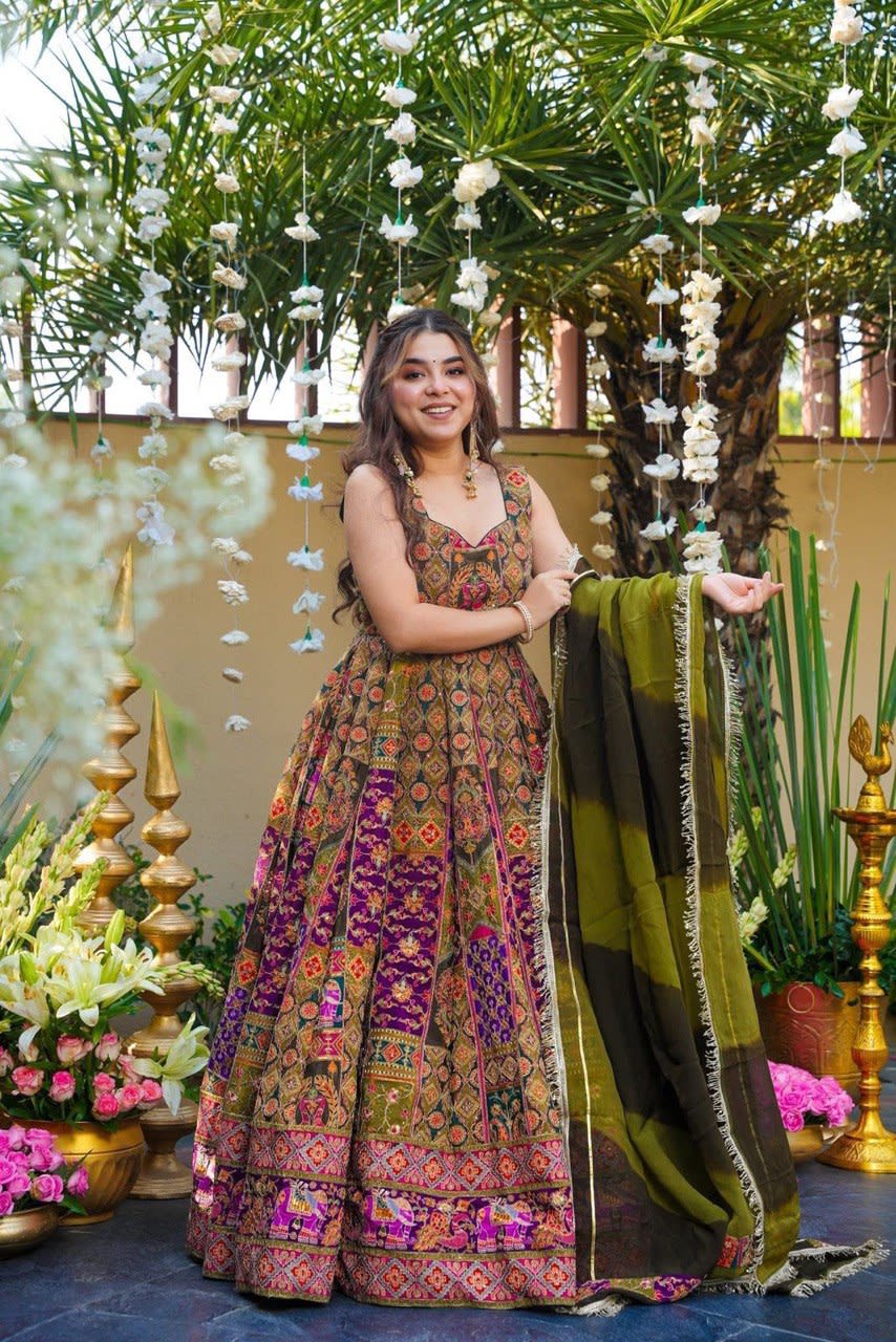 Digital Printed Jimmy Organza Silk Anarkali Gown with Dupatta