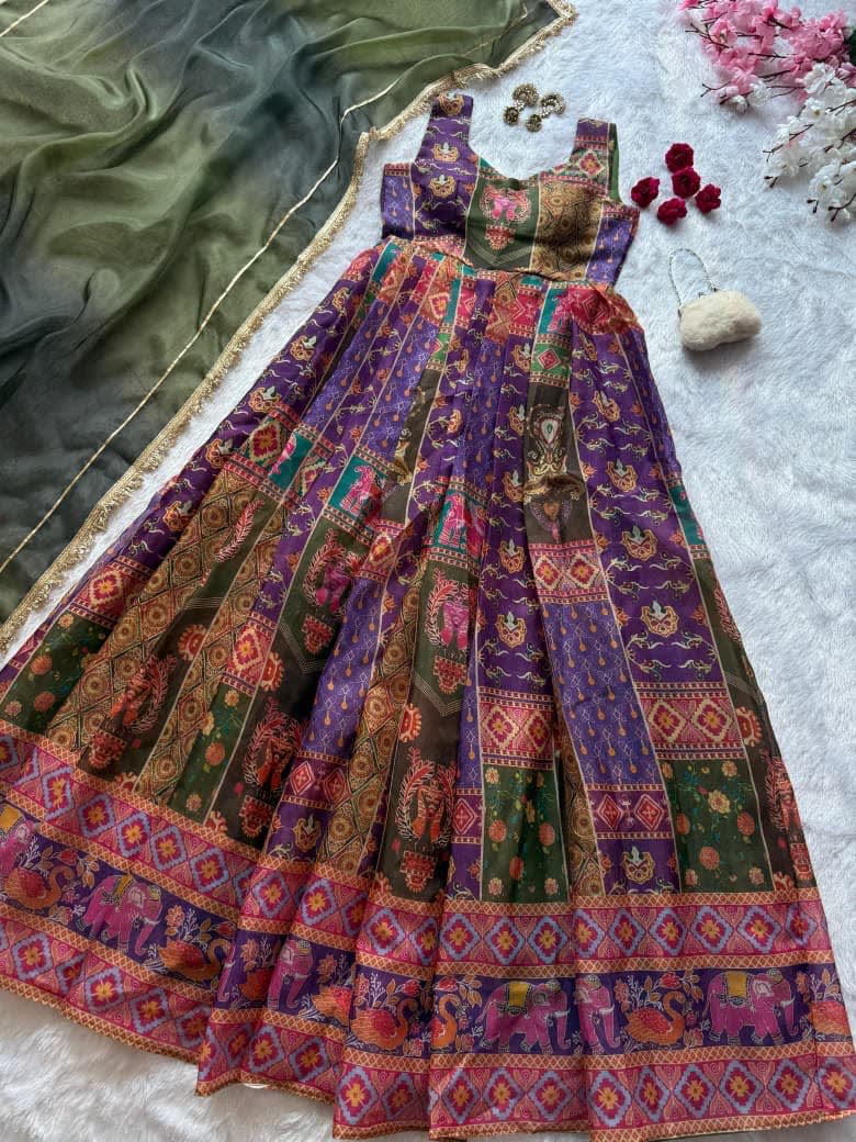 Digital Printed Jimmy Organza Silk Anarkali Gown with Dupatta