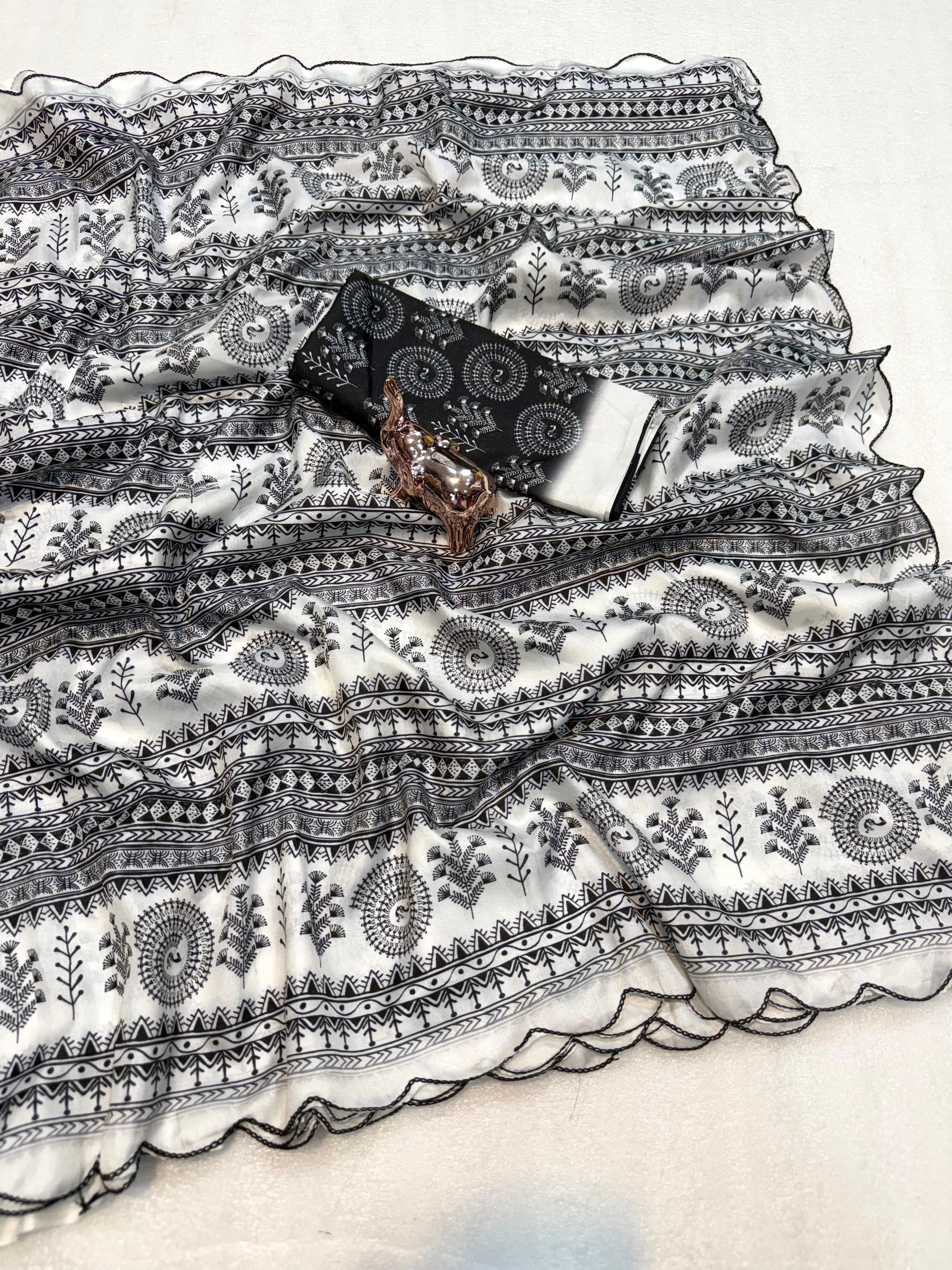 A Dola Silk Digital Warli Printed Cutwork Saree with Ikat Blouse