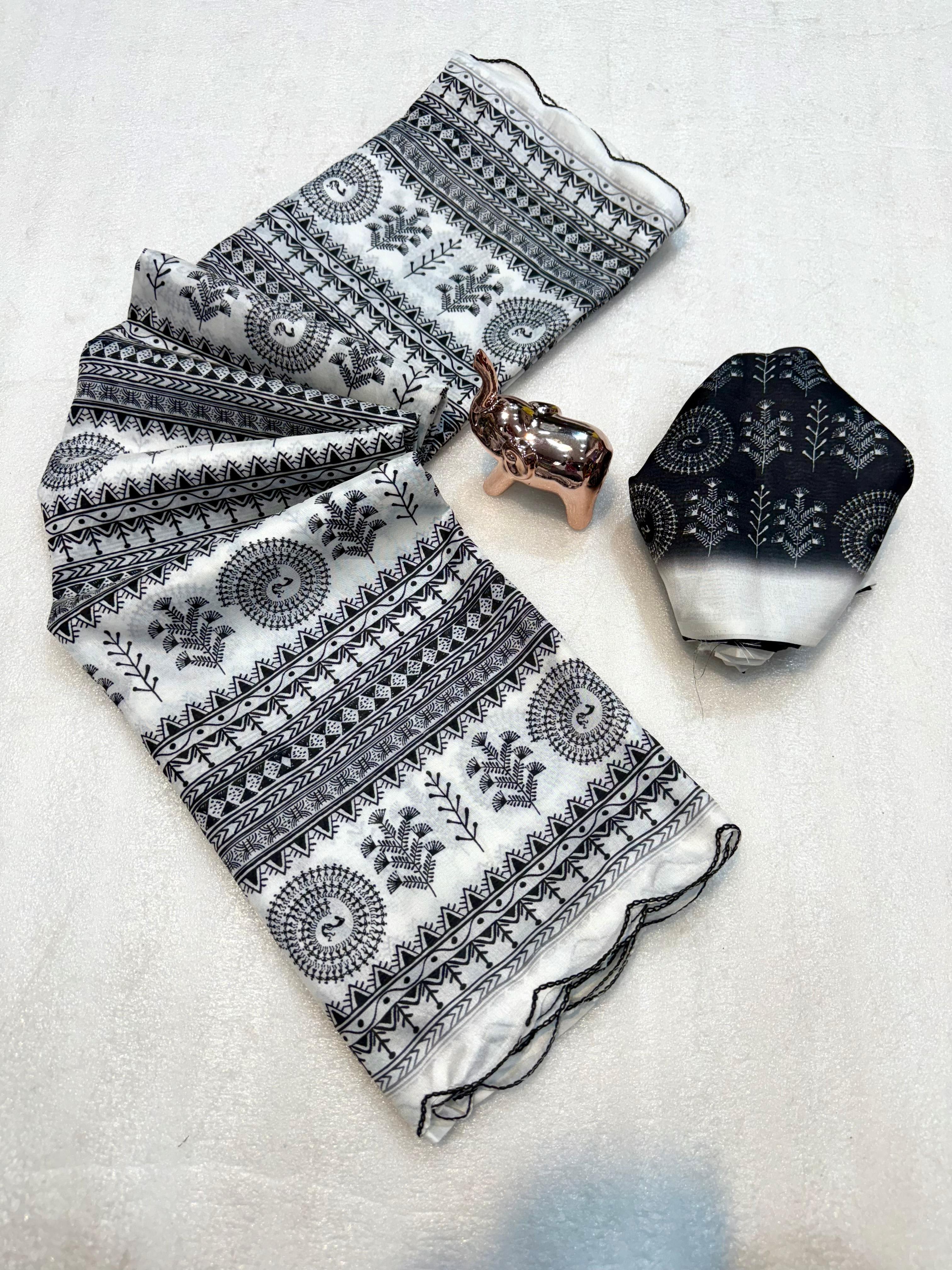 A Dola Silk Digital Warli Printed Cutwork Saree with Ikat Blouse