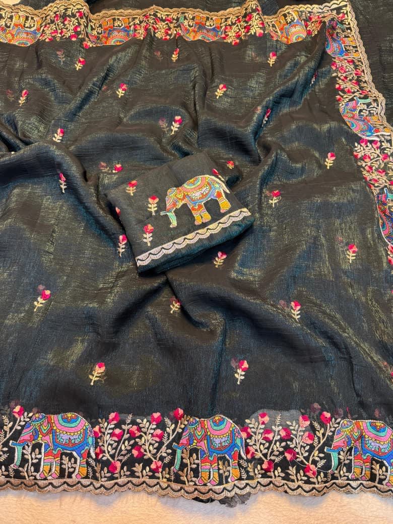 Pure Soft Crunchy Saree with Full Elephant Embroidery Work - View 4