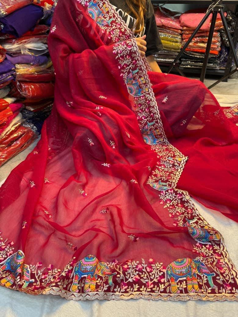 Pure Soft Crunchy Saree with Full Elephant Embroidery Work - View 7