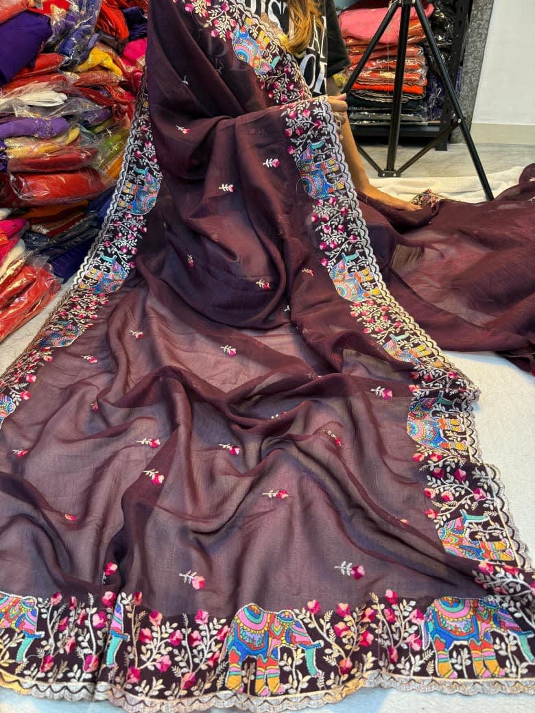 Pure Soft Crunchy Saree with Full Elephant Embroidery Work - View 9