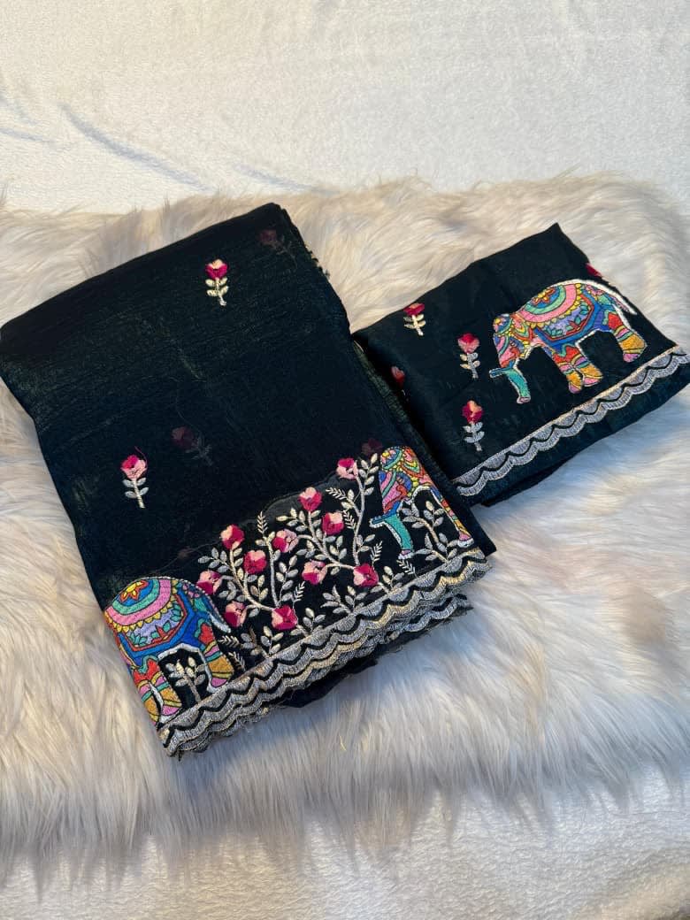 Pure Soft Crunchy Saree with Full Elephant Embroidery Work - View 10