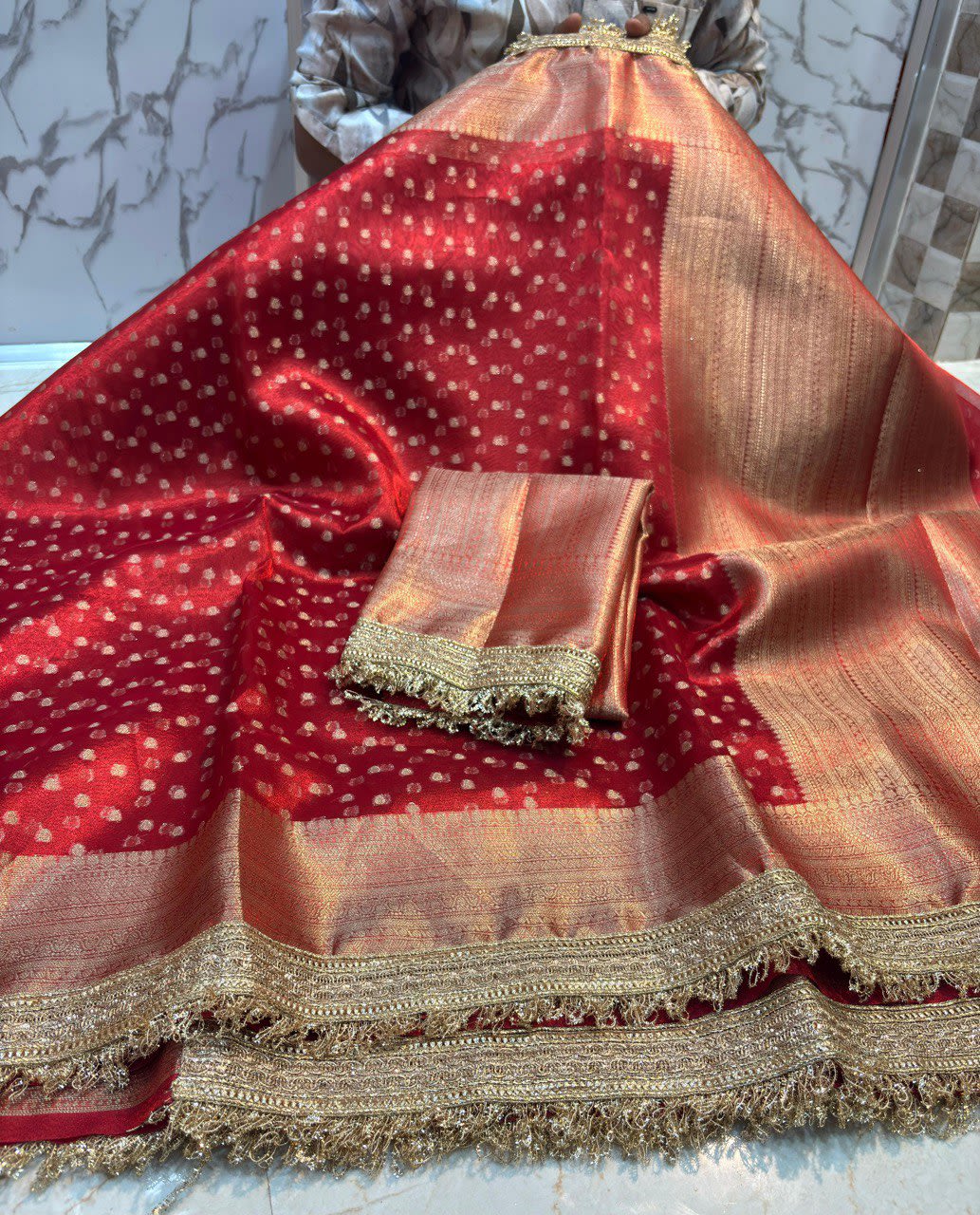 A Banarasi Tissue Silk Saree with Handcrafted Designer Lace Border