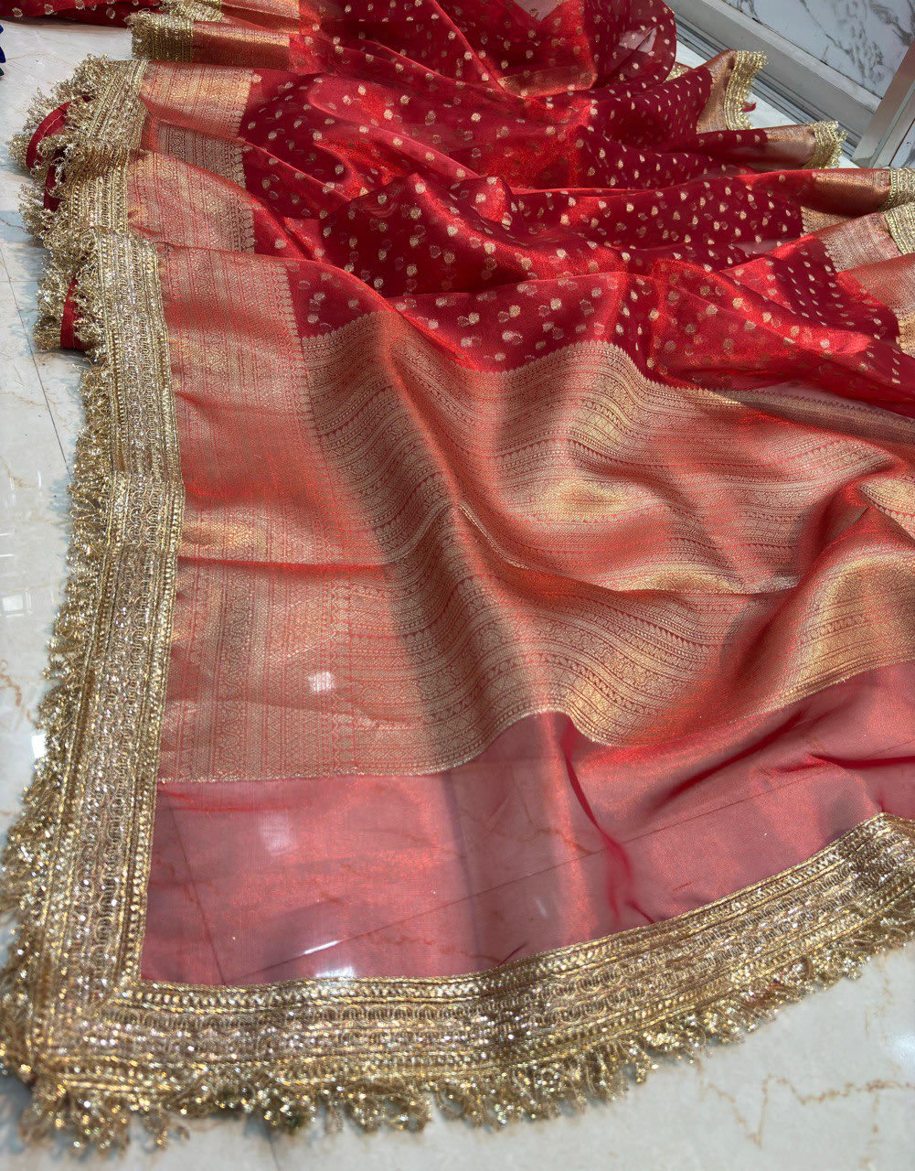 A Banarasi Tissue Silk Saree with Handcrafted Designer Lace Border