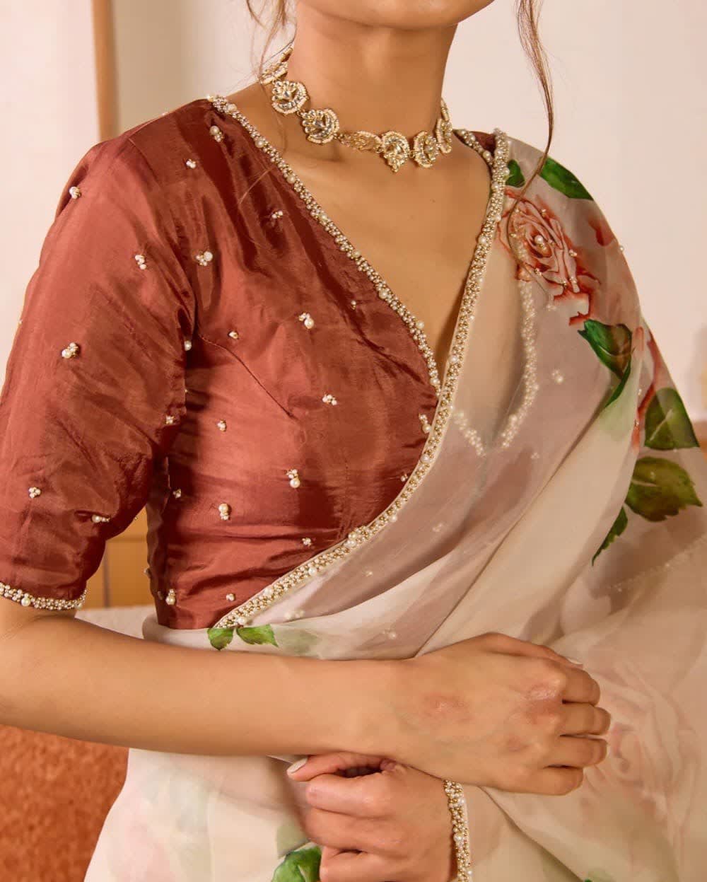 A Pure Soft Tebby Silk Floral Saree with Heavy Khatli Moti Handwork