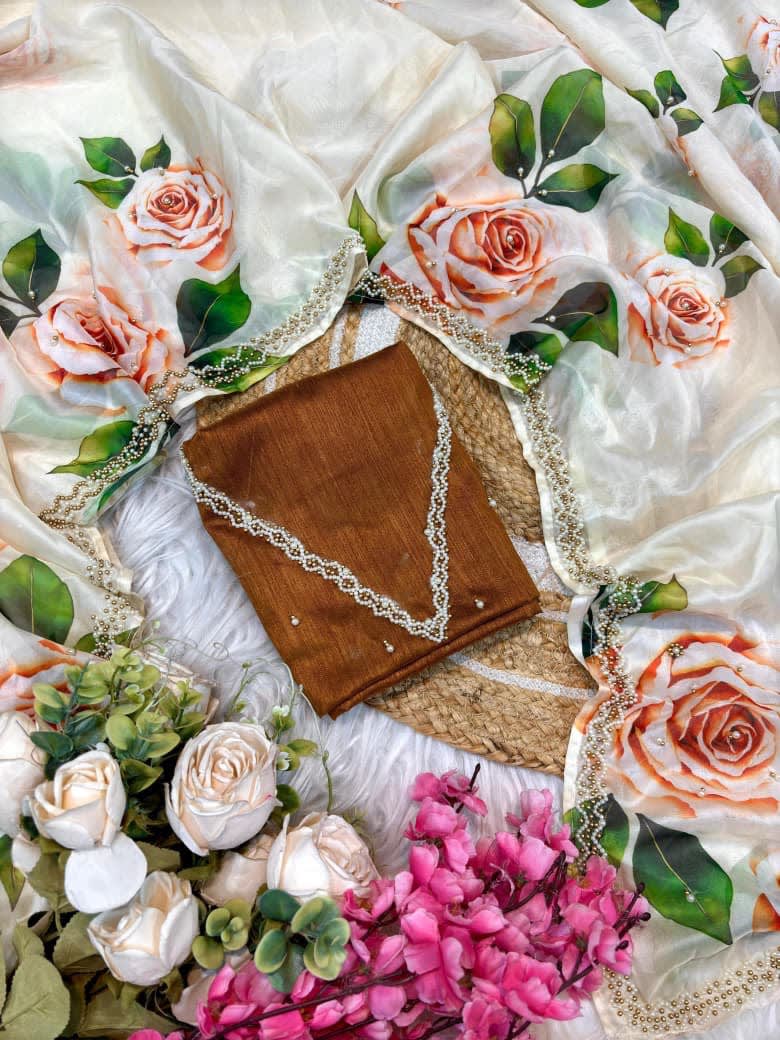 A Pure Soft Tebby Silk Floral Saree with Heavy Khatli Moti Handwork - View 5