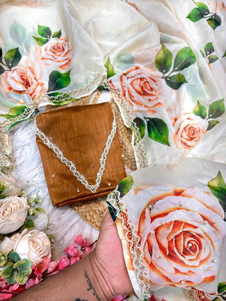 A Pure Soft Tebby Silk Floral Saree with Heavy Khatli Moti Handwork - View 6