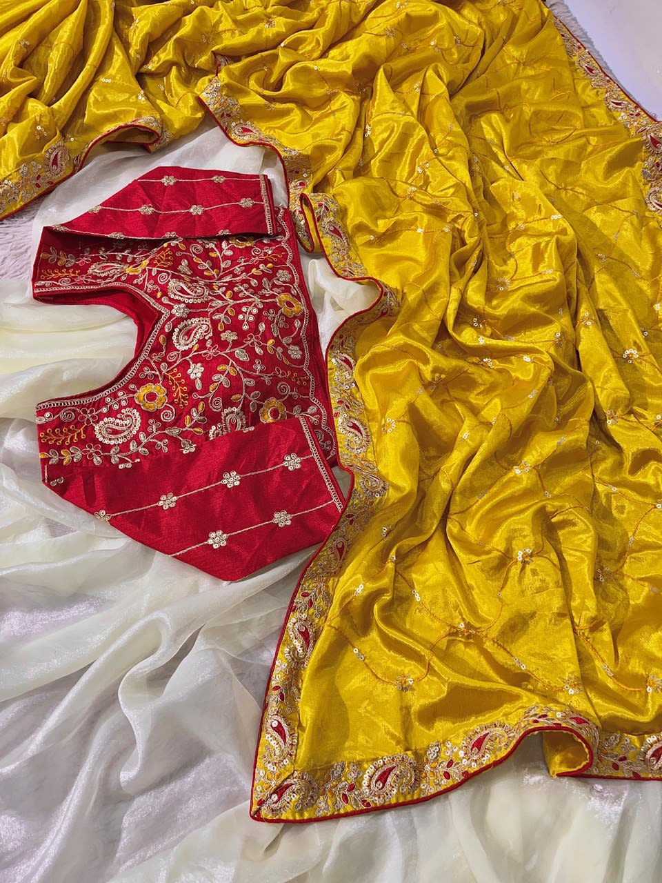 A Premium Chinon Silk Saree With Heavy Sequins & Multicoding Work