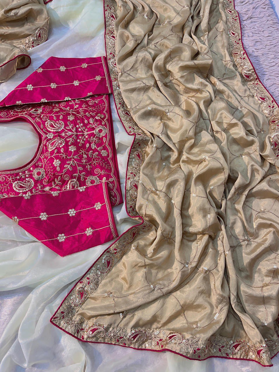 A Premium Chinon Silk Saree With Heavy Sequins & Multicoding Work - View 3