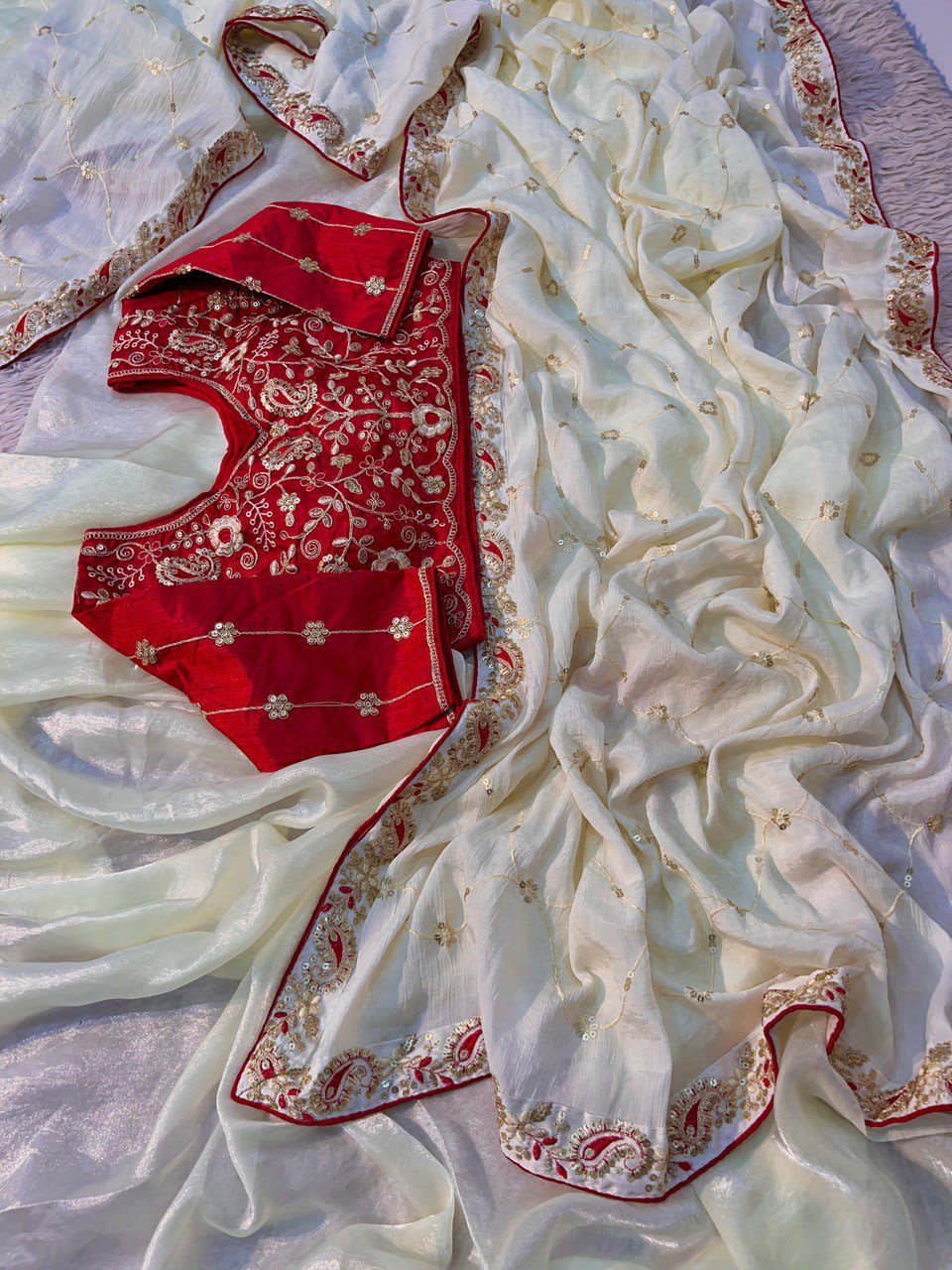 A Premium Chinon Silk Saree With Heavy Sequins & Multicoding Work - View 4