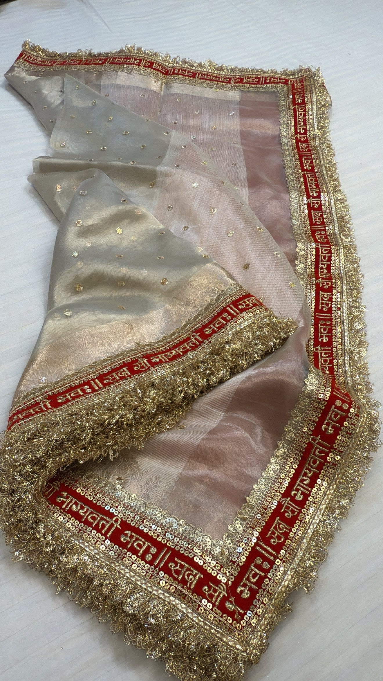 A Banarasi Premium -Sada saubhagyawati- tissue silk white-red border kadhwa saree