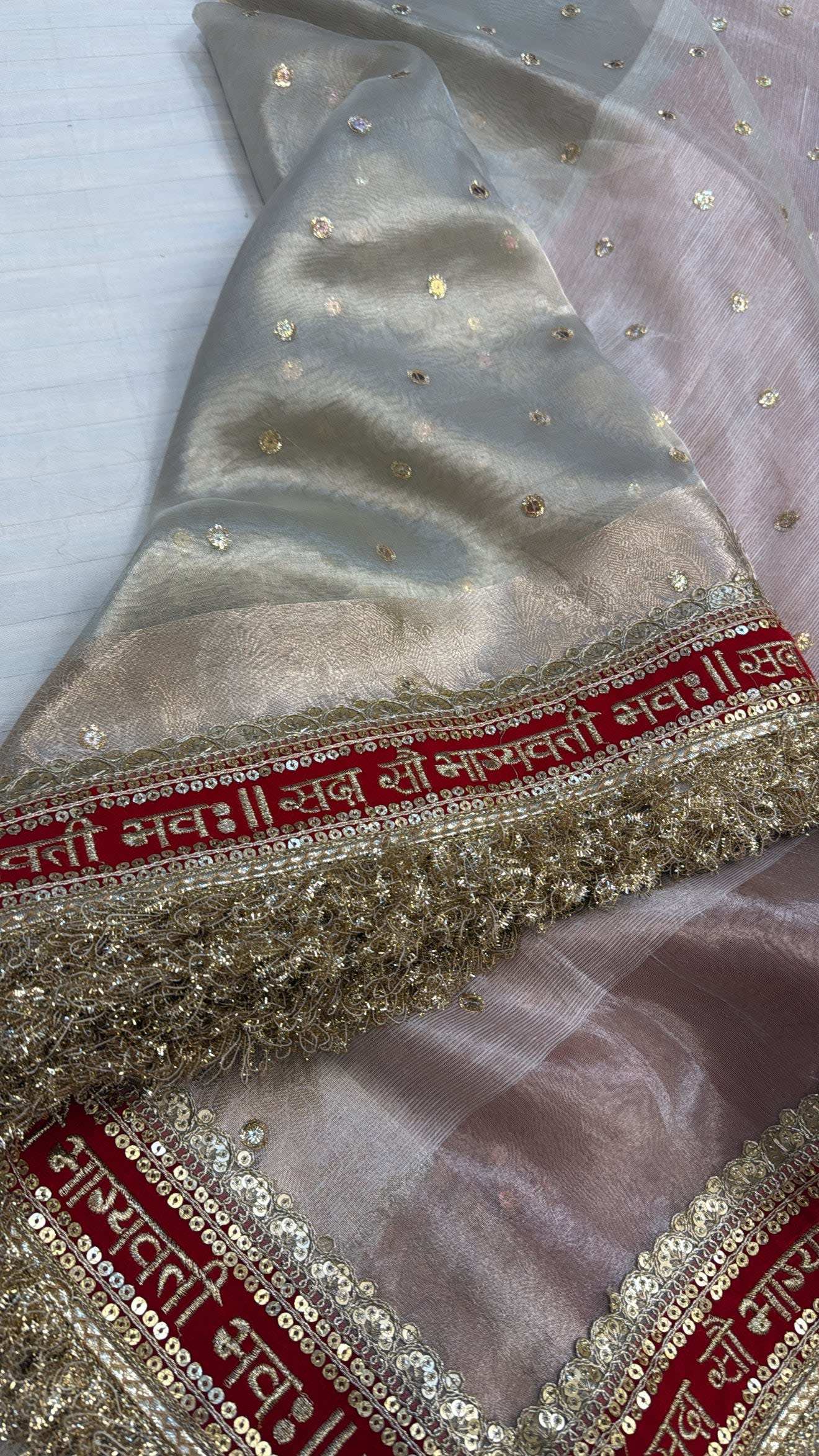 A Banarasi Premium -Sada saubhagyawati- tissue silk white-red border kadhwa saree - View 5