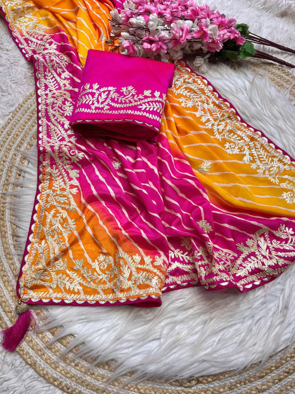 A Chinnon Fabric Digital Leheriya Saree with Ribbon Work - View 3