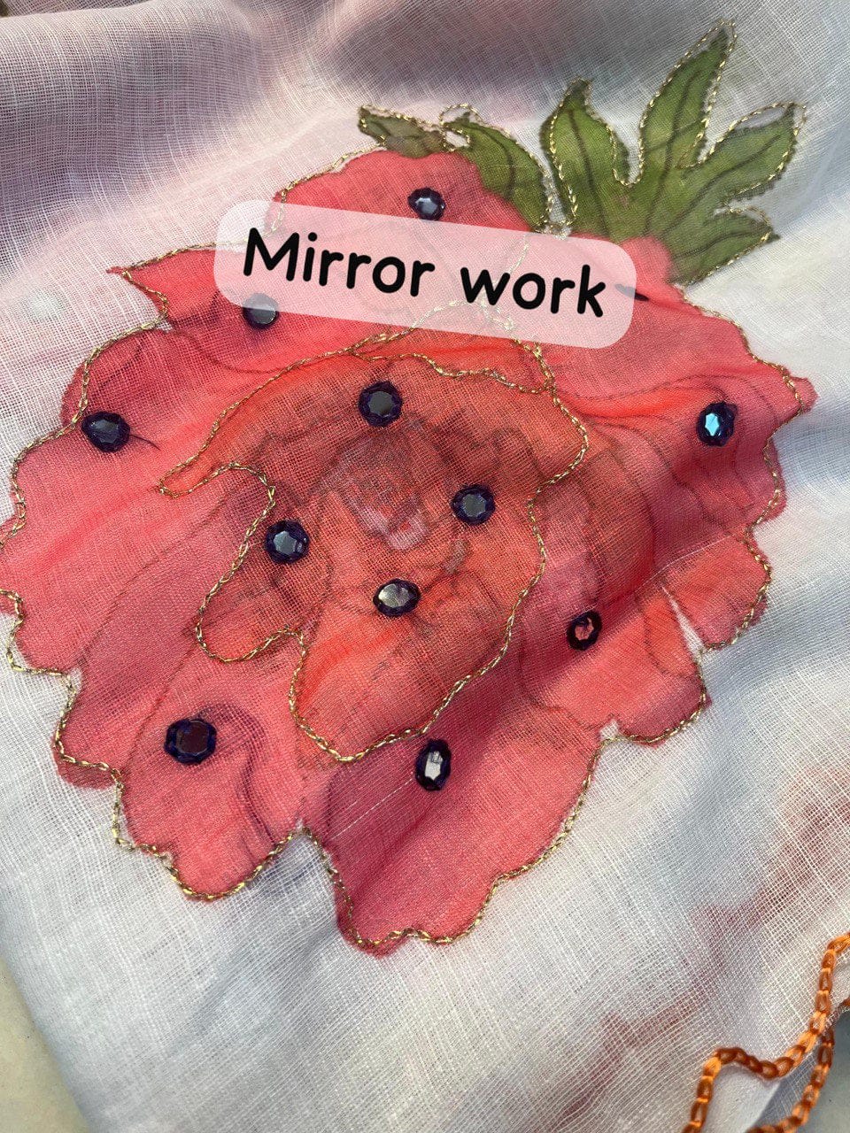 A Elegant White Linen Saree with Red Floral & Mirror Work