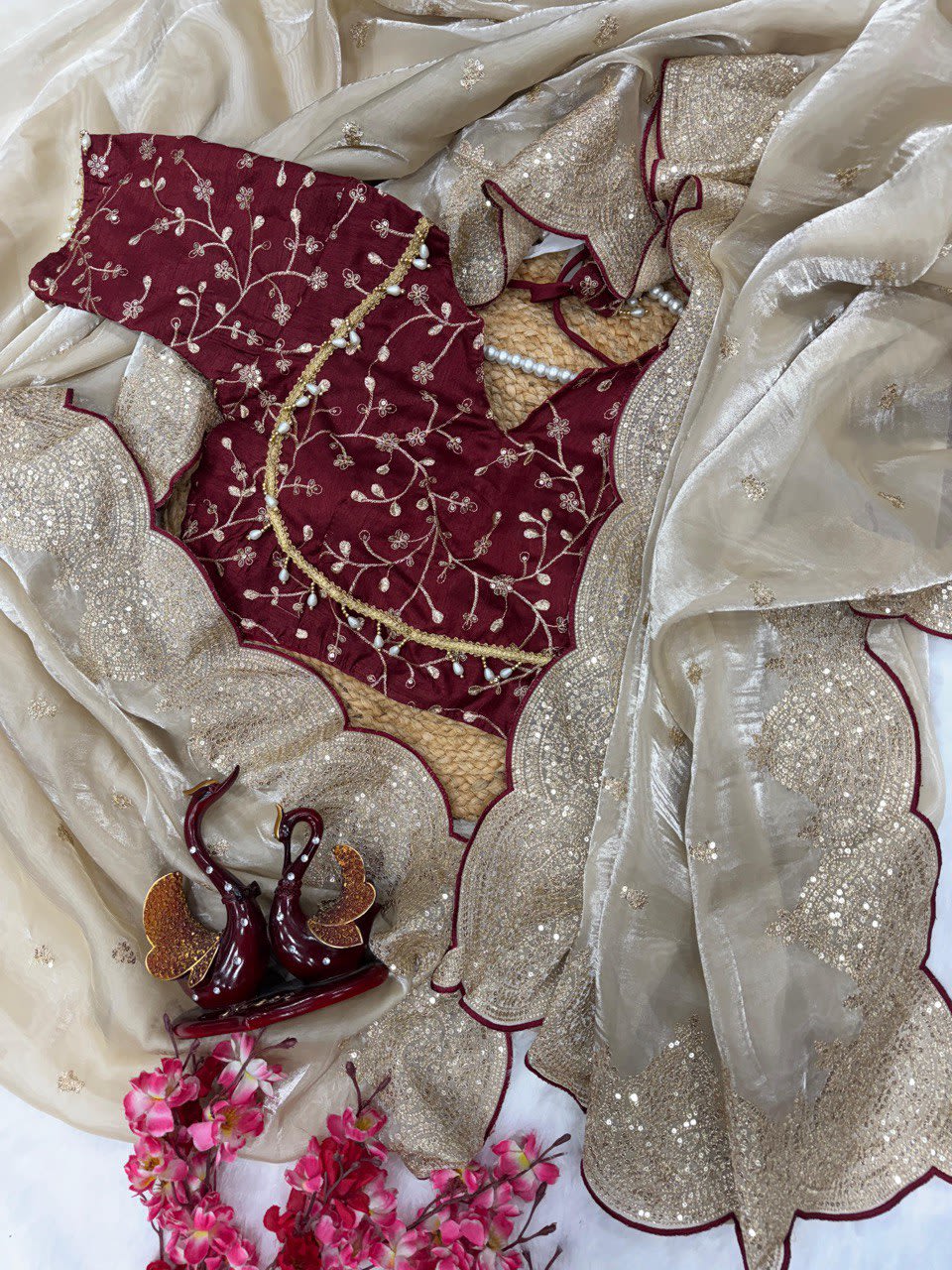 A Trending Designer Saree - Premium Jimmy Chu Fabric with Embroidery Work with Stitched Blouse