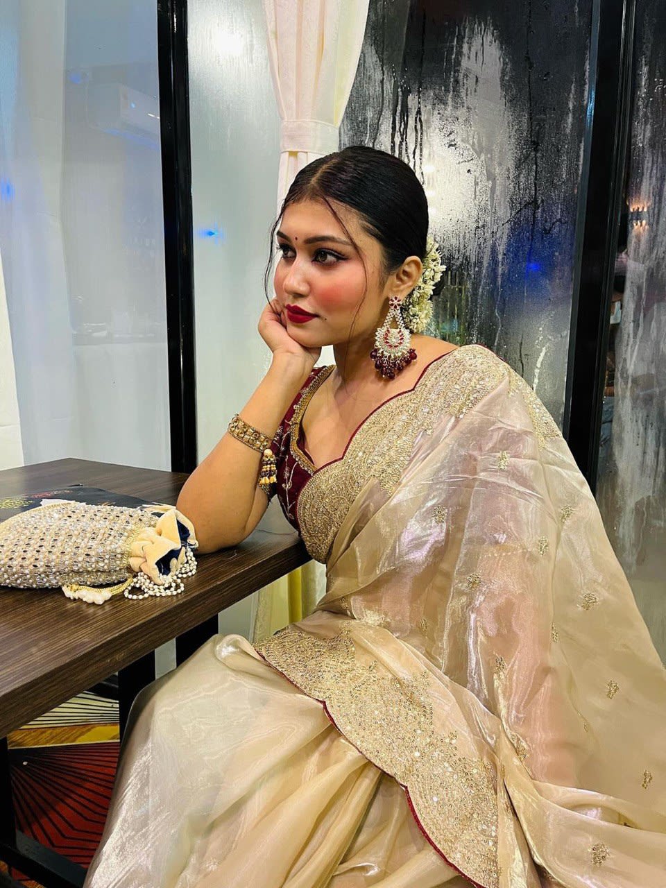 A Trending Designer Saree - Premium Jimmy Chu Fabric with Embroidery Work with Stitched Blouse