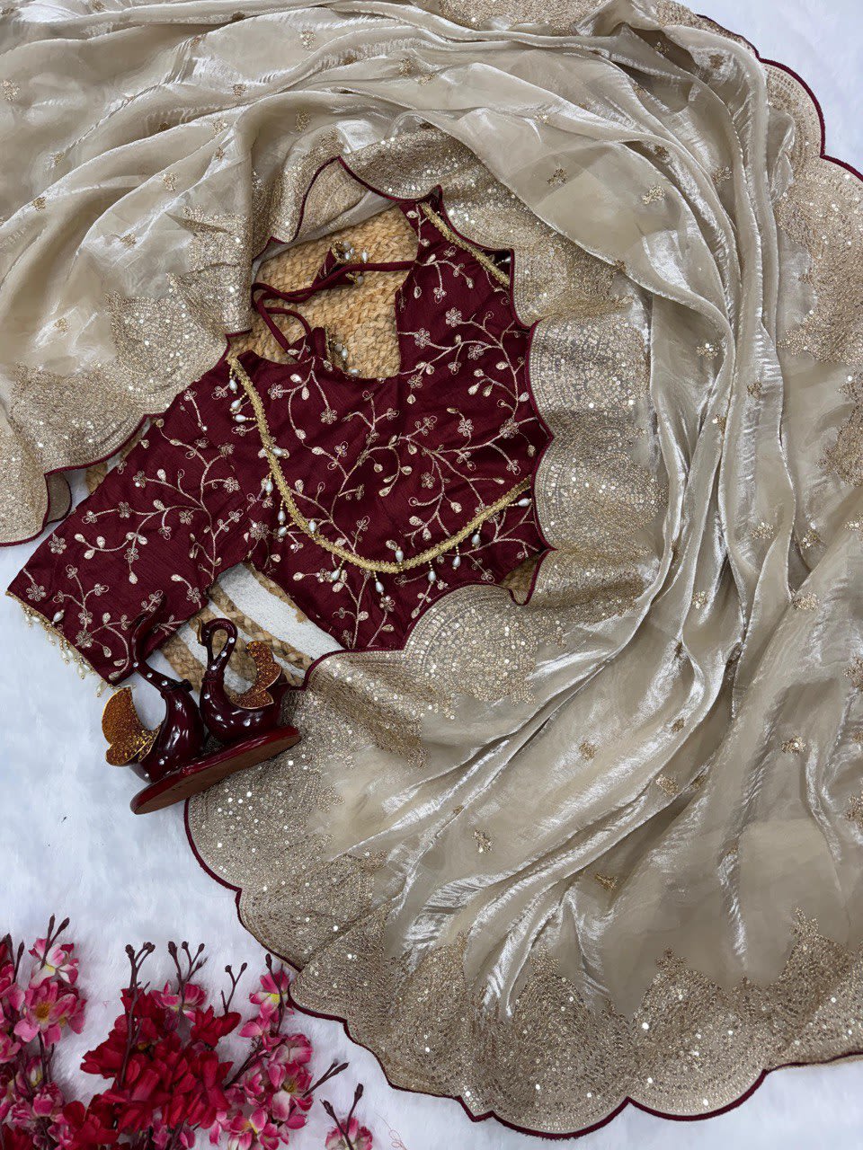 A Trending Designer Saree - Premium Jimmy Chu Fabric with Embroidery Work with Stitched Blouse - View 4