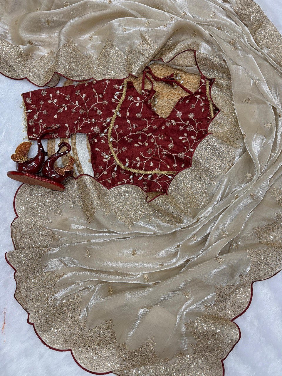 A Trending Designer Saree - Premium Jimmy Chu Fabric with Embroidery Work with Stitched Blouse - View 6