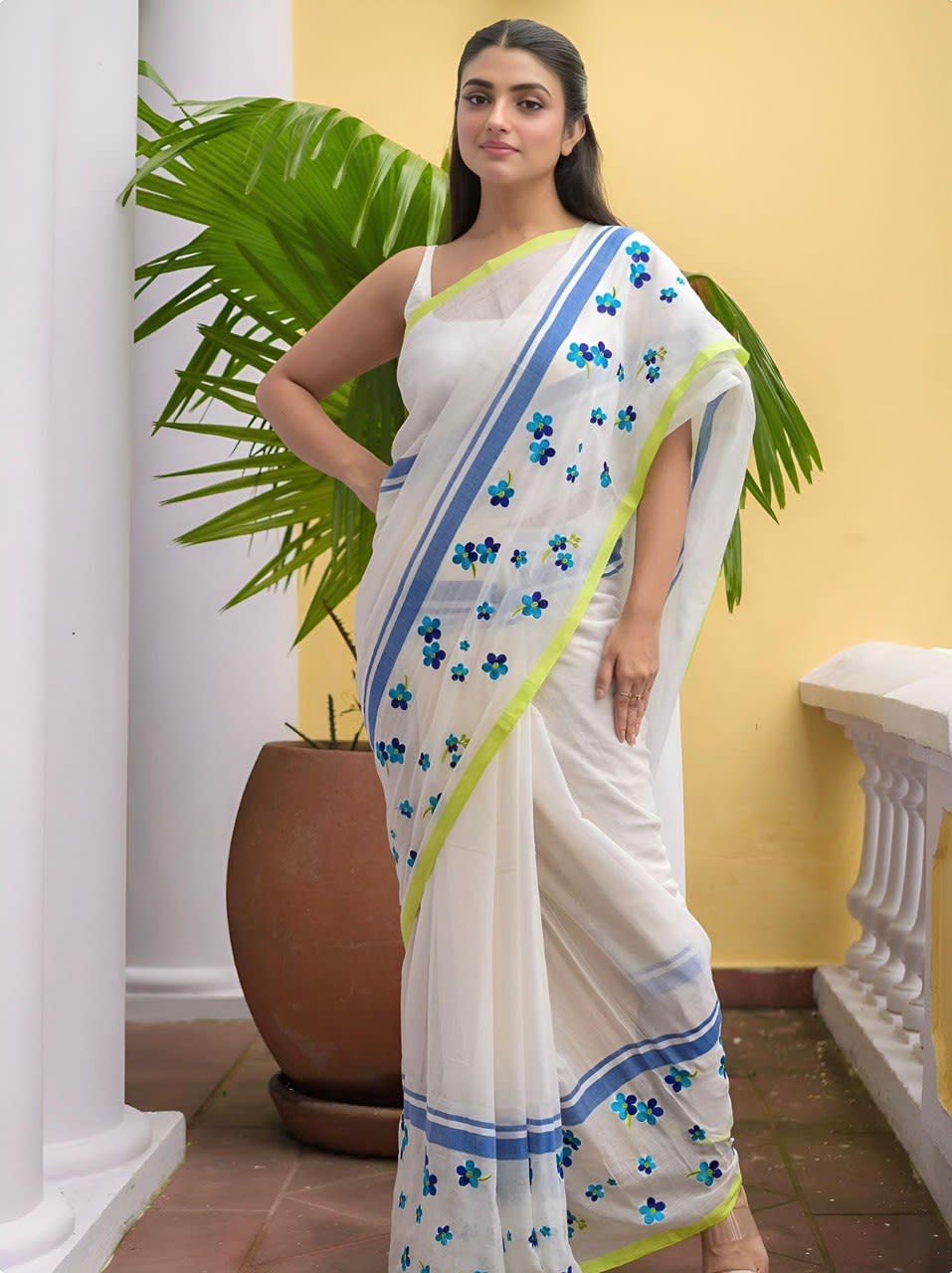 A Premium Cotton Linen Digital Floral Print Saree