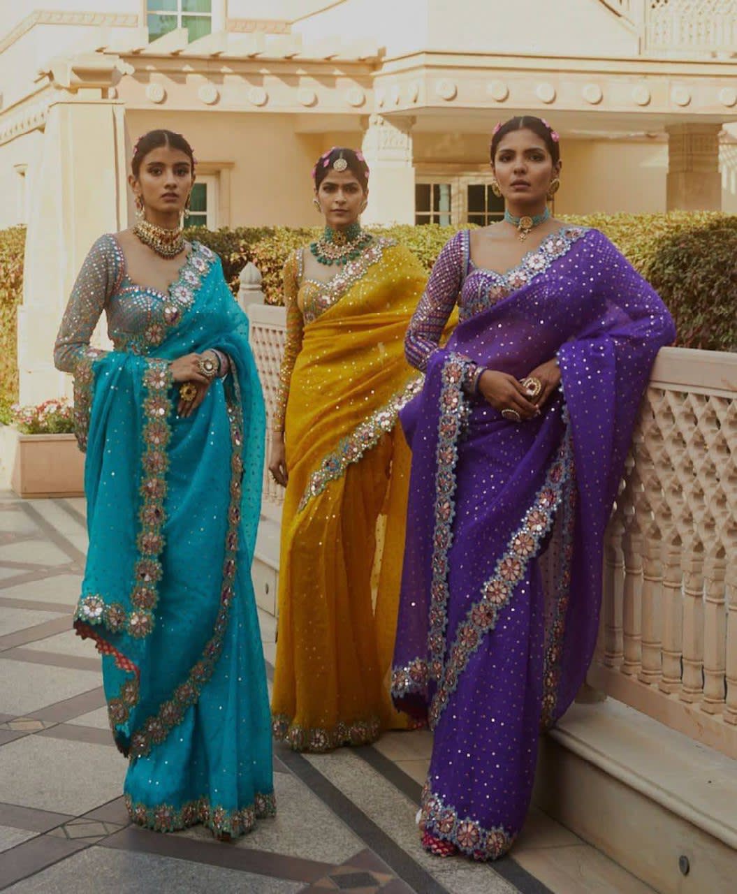 A Designer Mirror Work Party Wear Saree with Stitched Blouse