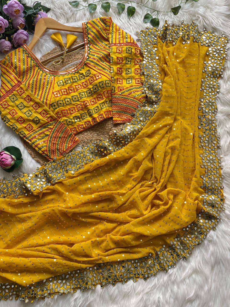 A Designer Mirror Work Party Wear Saree with Stitched Blouse