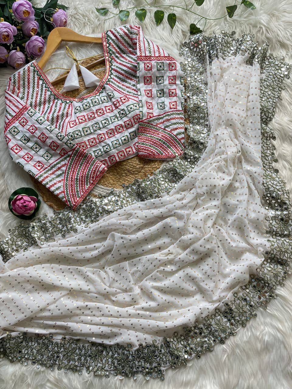 A Designer Mirror Work Party Wear Saree with Stitched Blouse - View 4