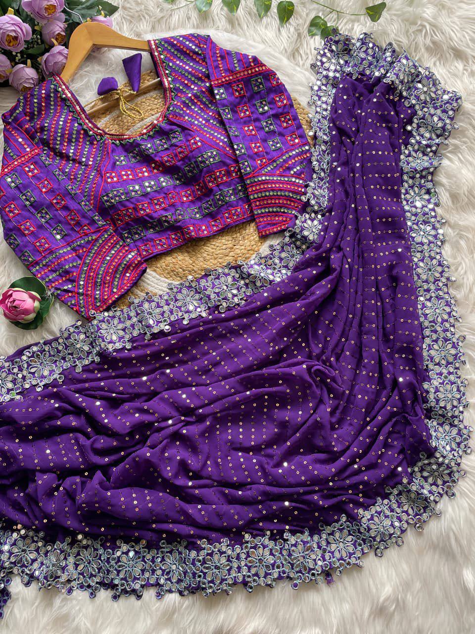 A Designer Mirror Work Party Wear Saree with Stitched Blouse - View 7