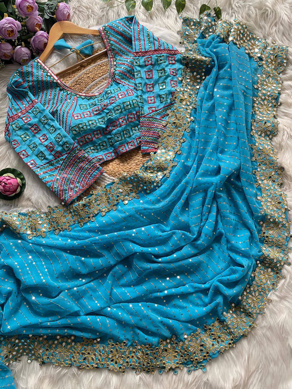 A Designer Mirror Work Party Wear Saree with Stitched Blouse - View 9