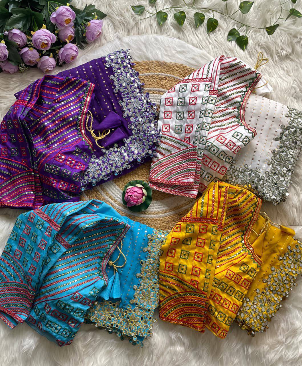 A Designer Mirror Work Party Wear Saree with Stitched Blouse - View 10