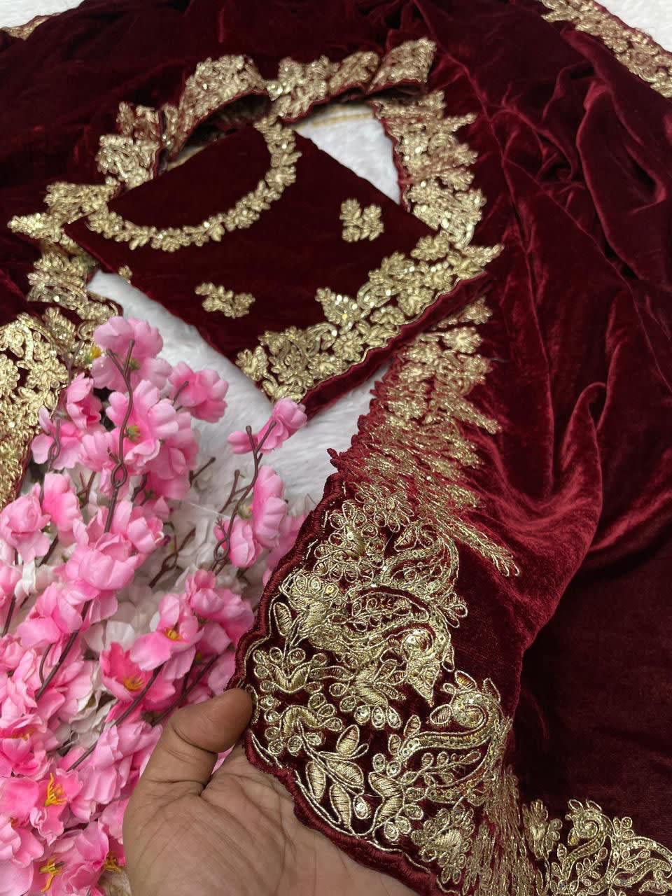 A Designer Velvet Saree with Designer Sequin & Jari Embroidery - Premium Quality