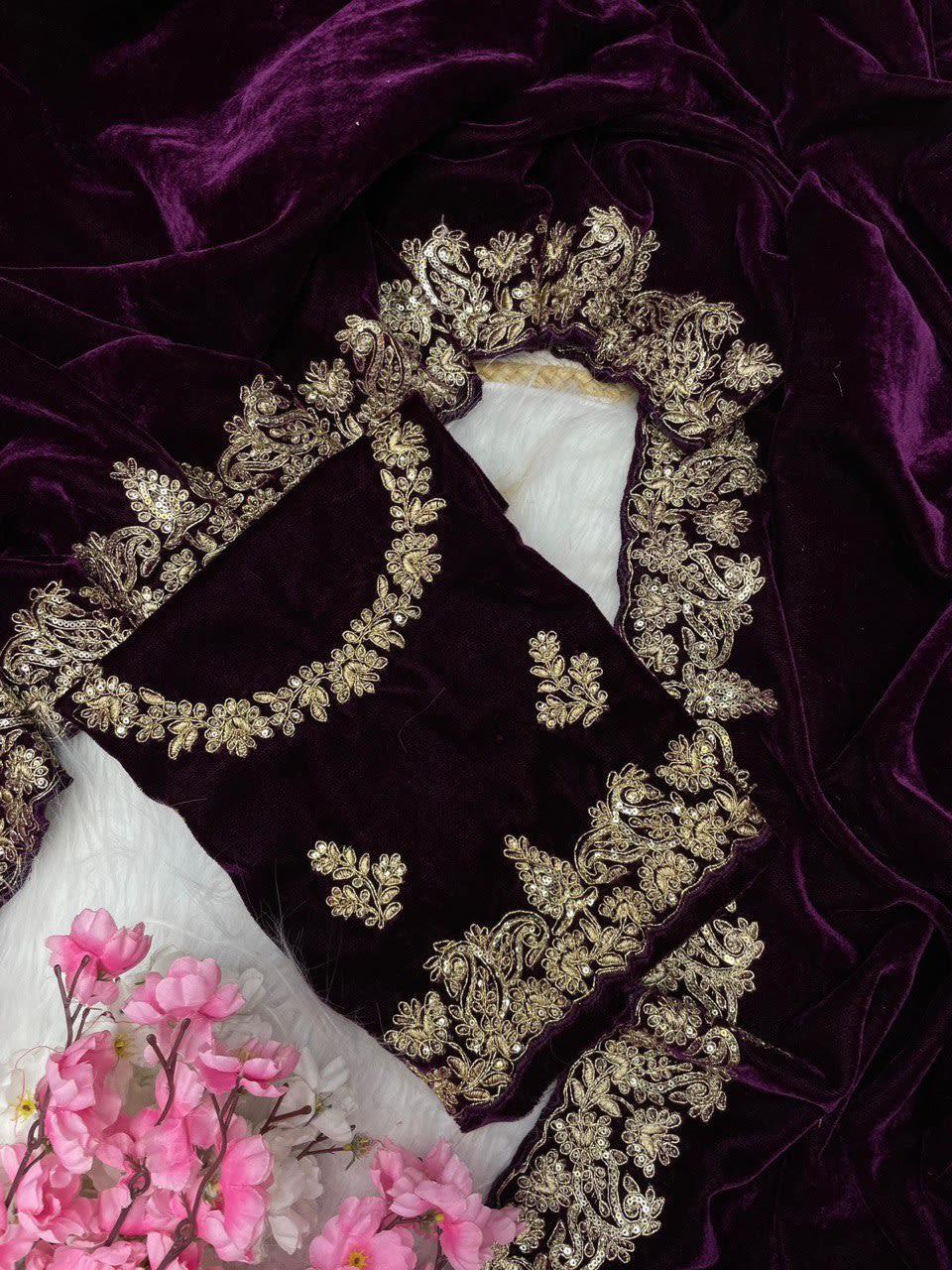 A Designer Velvet Saree with Designer Sequin & Jari Embroidery - Premium Quality - View 5